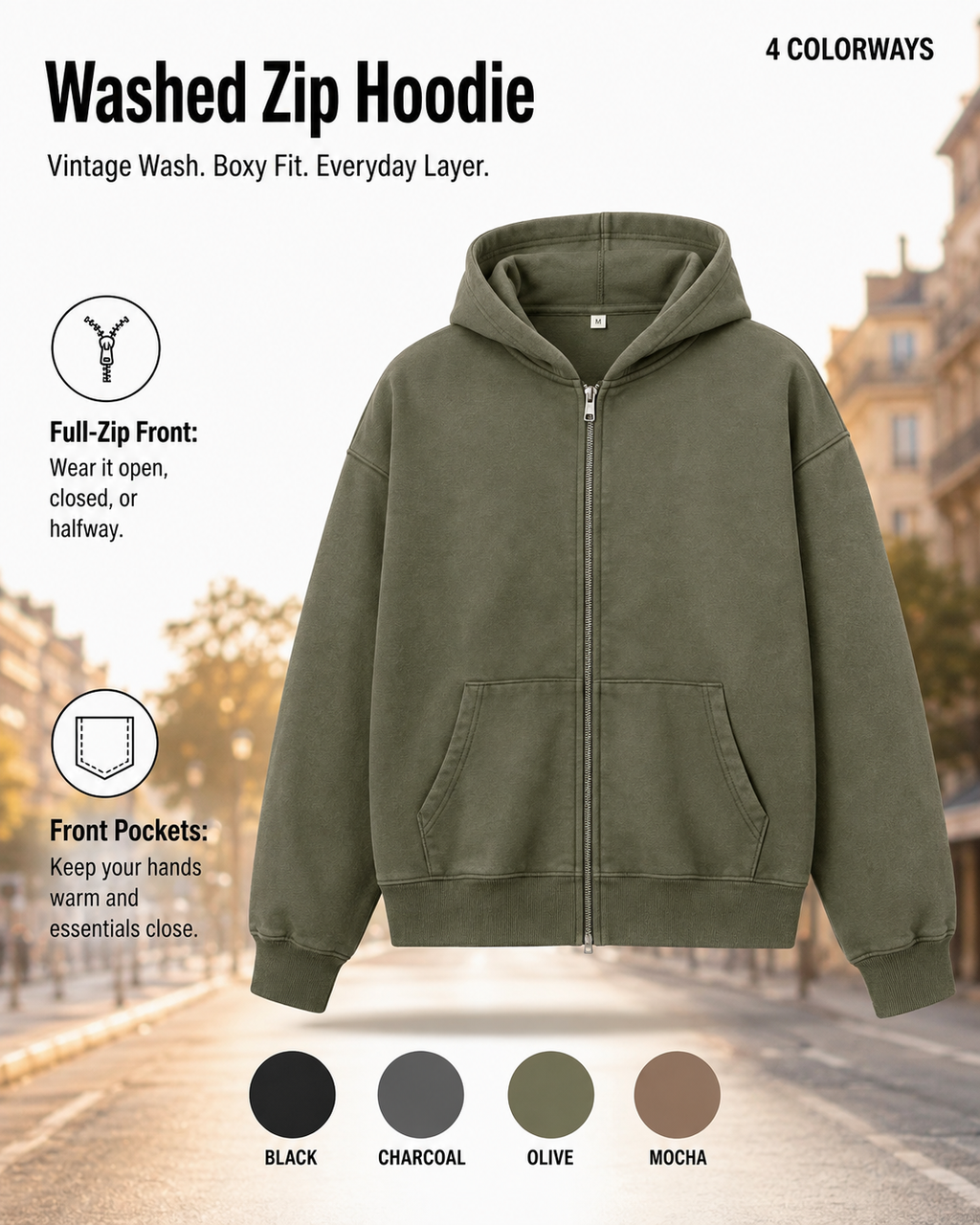 Ezy Washed Cotton Hooded Zip-Up